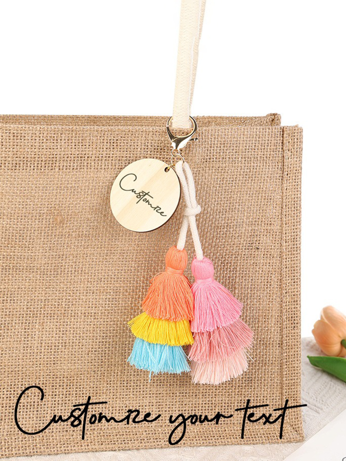 Custom Tassel Bag Charm with Wood Tag